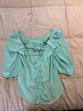 BONGO Mint Green Ruffle Front Puff Sleeve Blouse